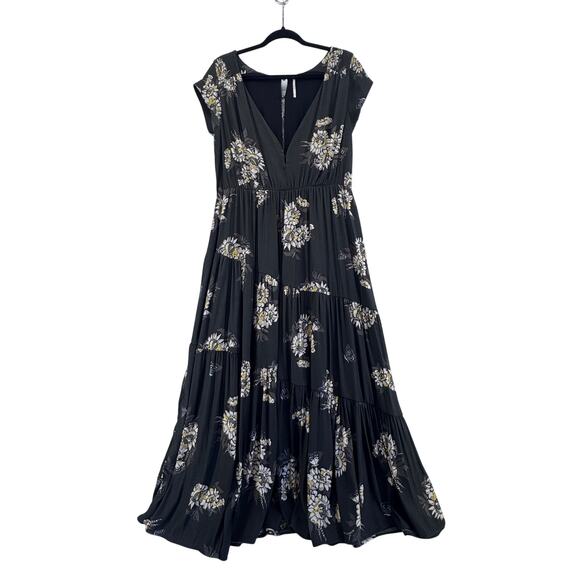 FREE PEOPLE Black All I Got Floral Tiered Flared Maxi Long Dress Size 12 0 - Picture 3 of 11